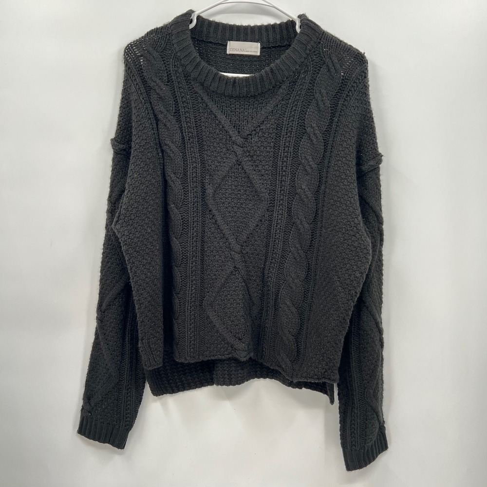 Zenana Large Cable Knit Sweater Womens Black Diamond Pattern Crew‎ Neck